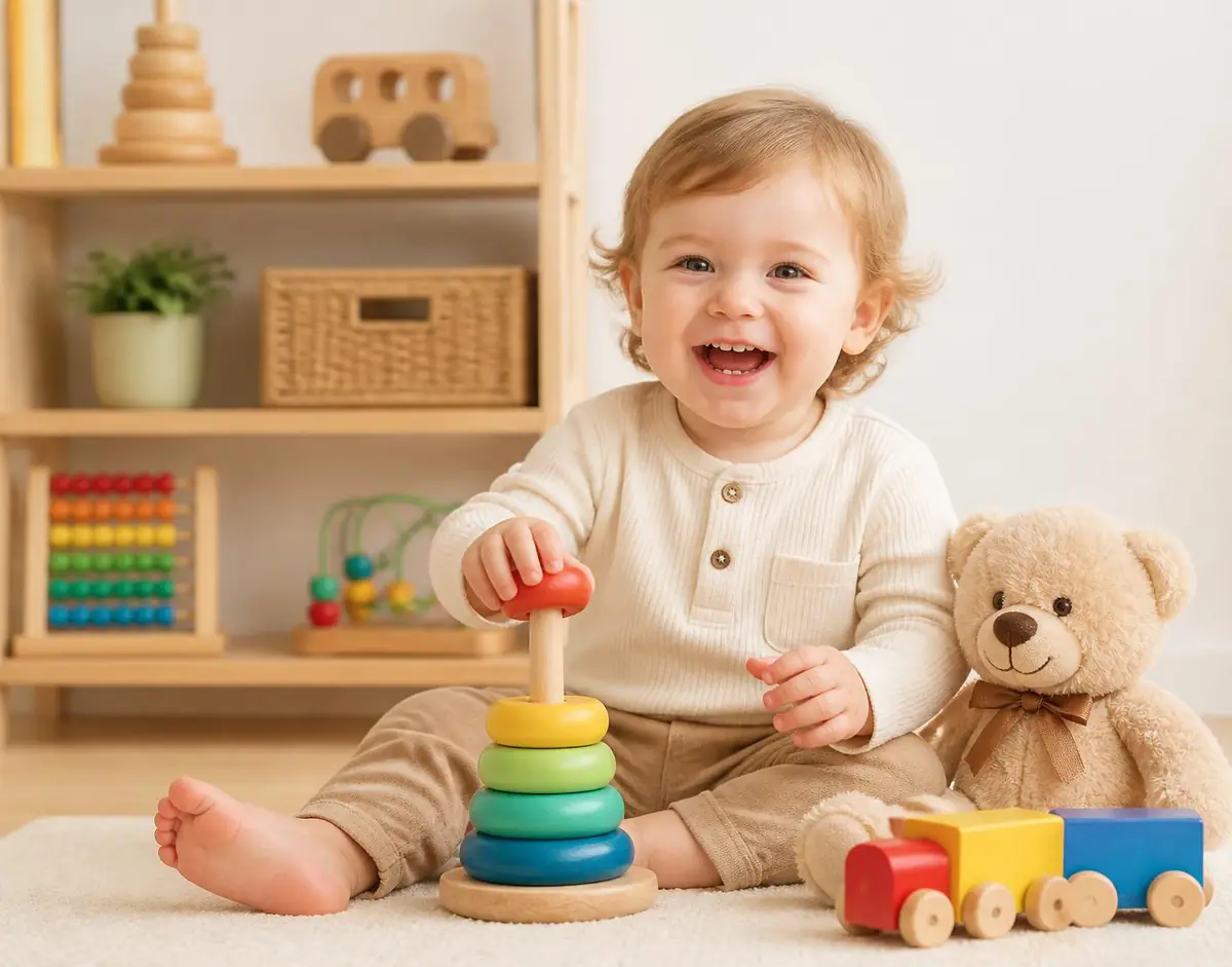 Happy toddler playing with colourful wooden toys